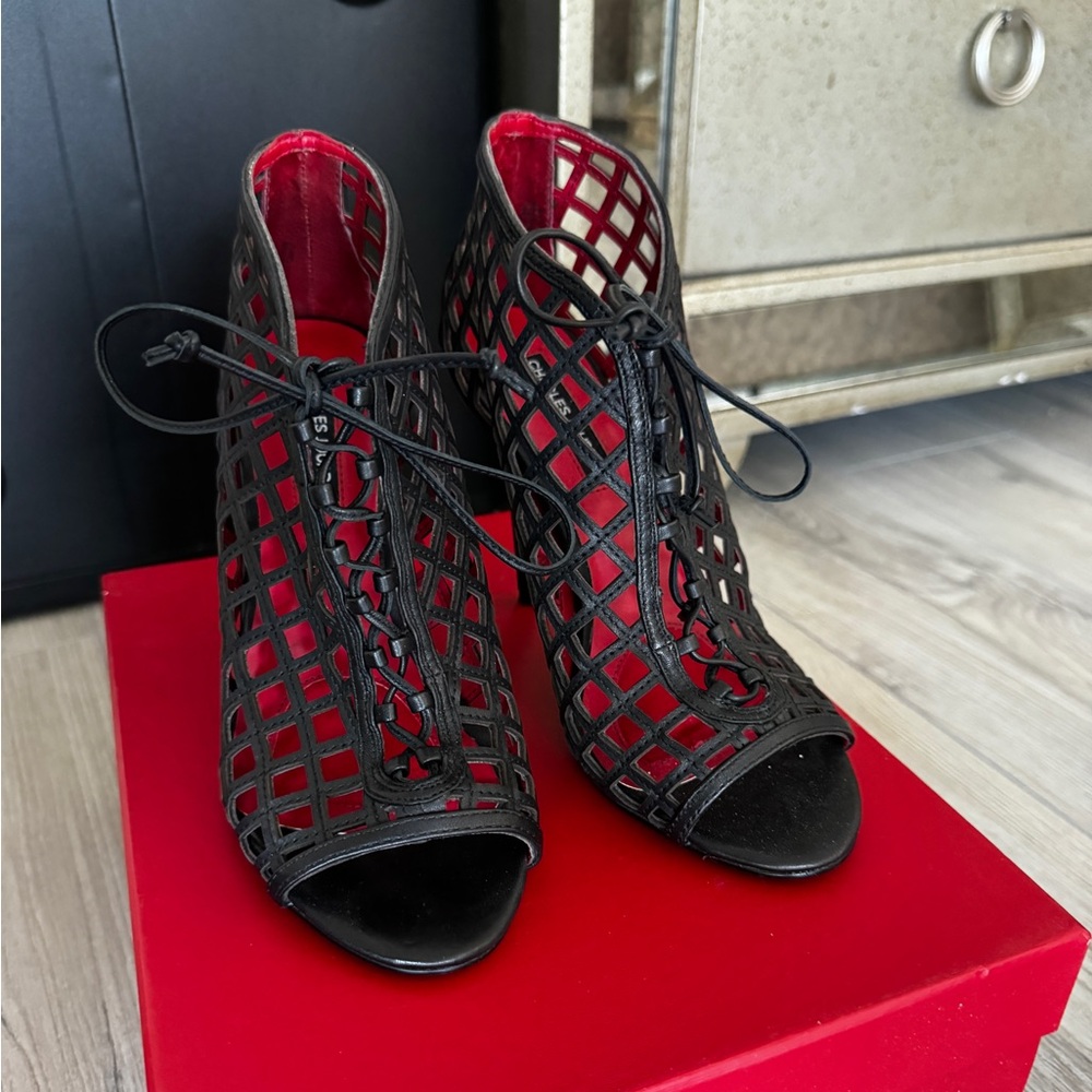 Charles Jourdan Paris Black Leather Mesh Lace Up
Open Toes Sandals